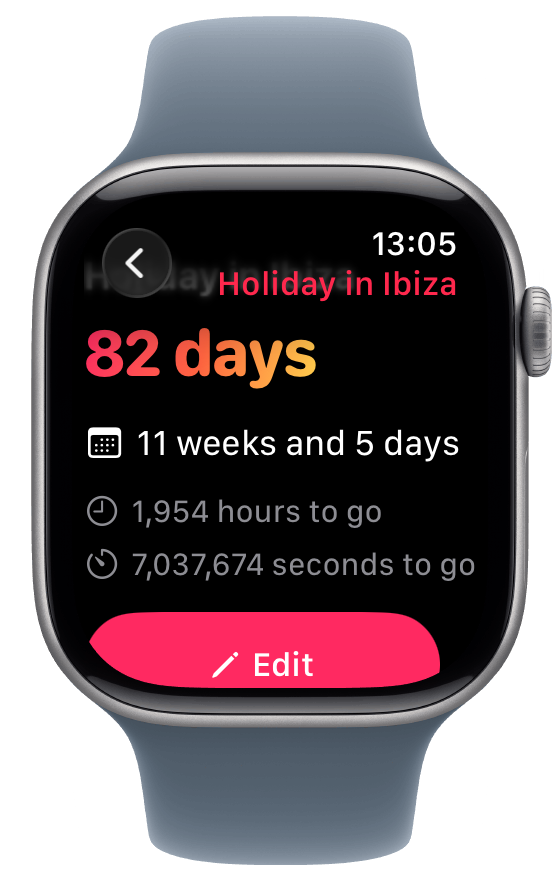 Watch That Date Apple Watch screenshot showing a countdown list